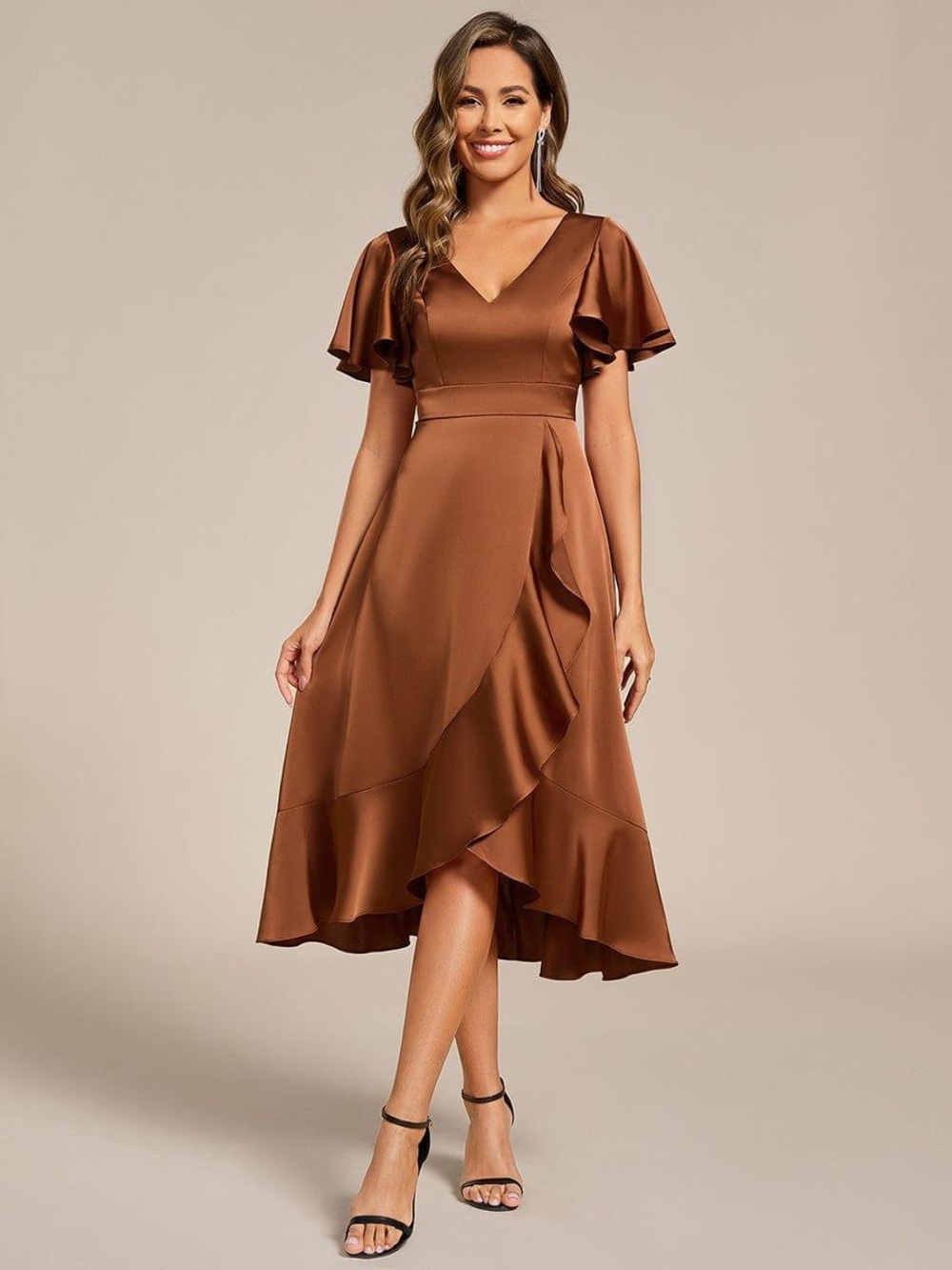 Ever Pretty Copper Brown High-Low Ruffle Dress
